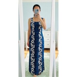 Vtg 70s M Blue Floral Hawaiian Maxi Dress Square Neck Hibiscus Barkcloth Boho